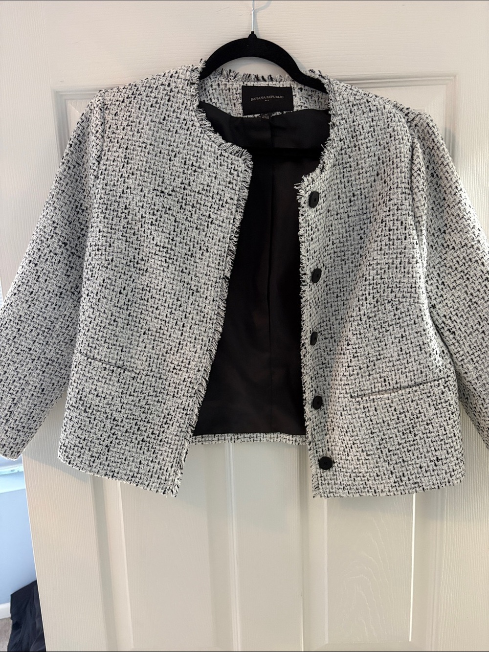 Banana Republic White and Black Bouclé Collarless Jacket